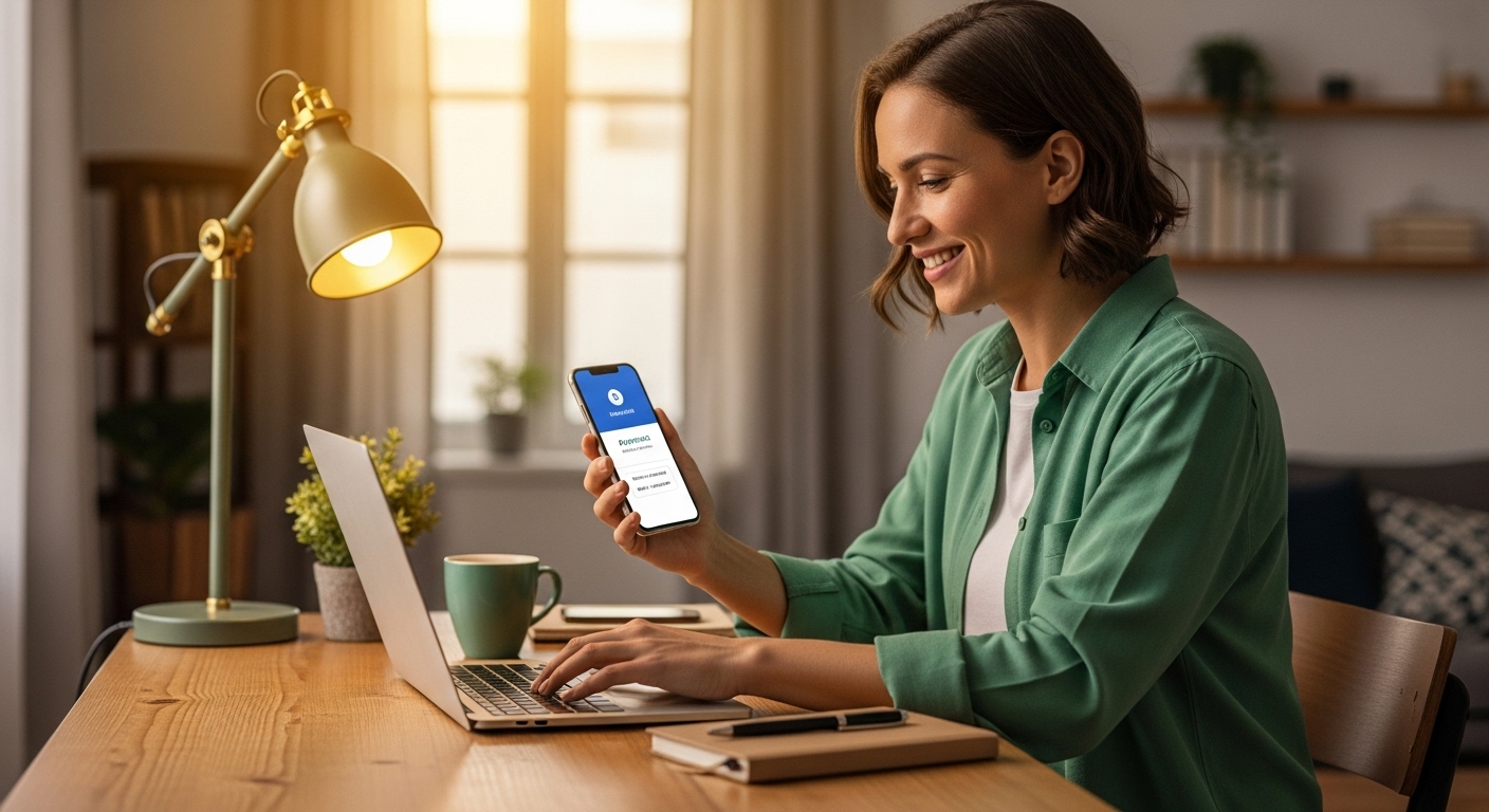 Profissional em home office recebendo dinheiro no celular